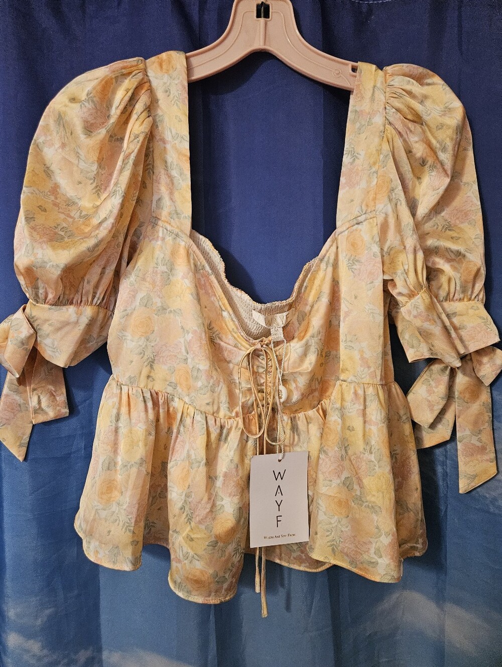 WAYF  Where Are You From Yellow Peach Floral Peplum Puff-Sleeve Blouse